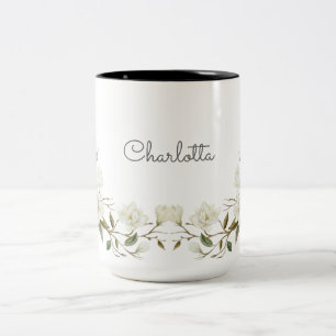 Personalised White Floral Mug, Elegant Custom Name Two-Tone Coffee Mug