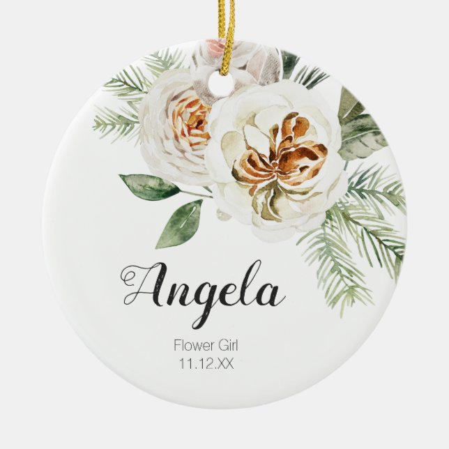 Personalised White Flower Girl Christmas Ceramic Ornament (Front)