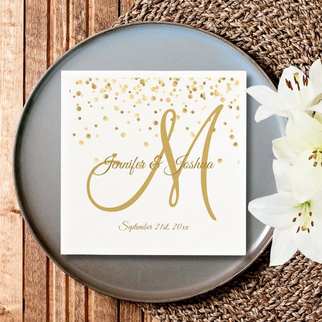 Personalised White Gold Confetti MONOGRAM Wedding Napkin (Creator Uploaded)