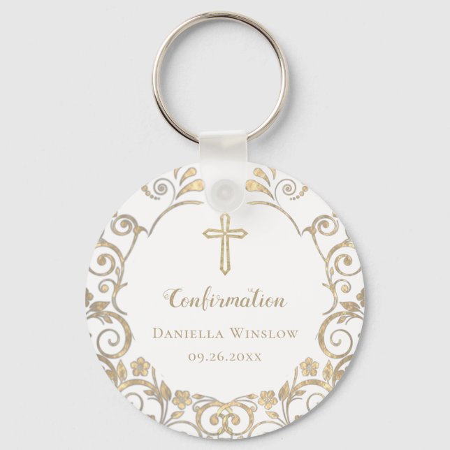 Personalised  White Gold Cross Girls Confirmation Key Ring (Front)