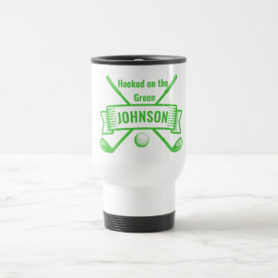 Personalised White  Golf Mug, Hooked On The Green Travel Mug