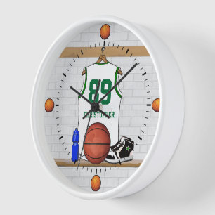 Personalised white green Basketball Jersey Wall Clock