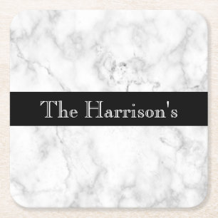 Personalised White Grey and Black Marble Square Paper Coaster