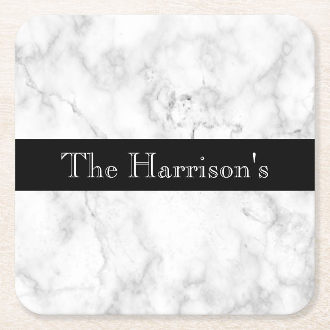 Personalised White Grey and Black Marble Square Paper Coaster (Front)