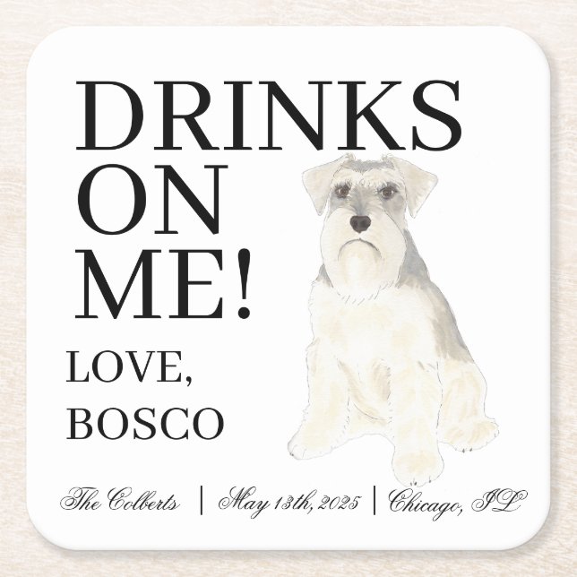 Personalised White Grey Schnauzer Dog Wedding Square Paper Coaster (Front)
