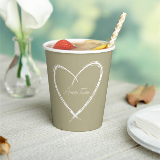 Personalised White Heart Bridal Shower Sage Green Paper Cups
