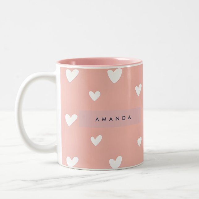 Personalised White Heart Pattern on Blush  Two-Tone Coffee Mug (Left)
