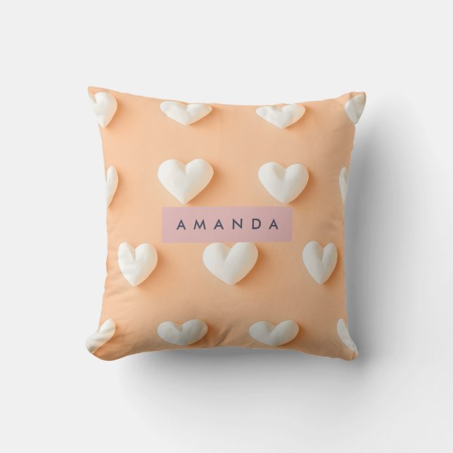 Personalised White Heart Pattern on Peach Cushion (Front)