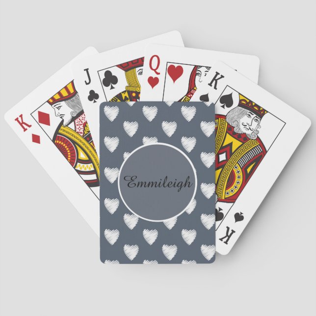 Personalised White Hearts Navy Blue Playing Cards (Back)