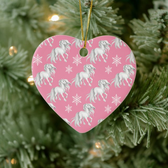 Personalised White Horses and Snowflakes on Pink Ceramic Ornament (Tree)