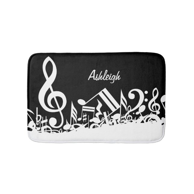 Personalised White Jumbled Musical Notes on Black Bath Mat (Front)