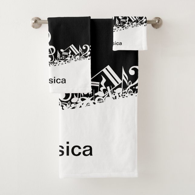 Personalised White Jumbled Musical Notes on Black Bath Towel Set (Insitu)