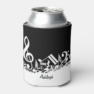 Personalised White Jumbled Musical Notes on Black Can Cooler