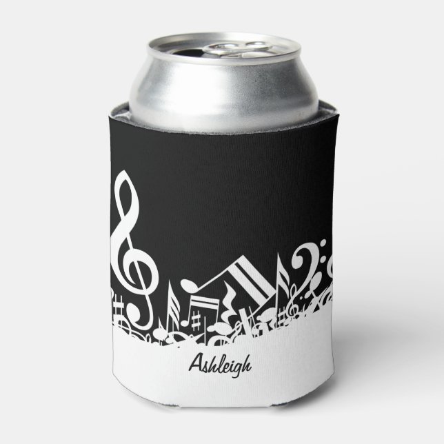 Personalised White Jumbled Musical Notes on Black Can Cooler (Can Front)