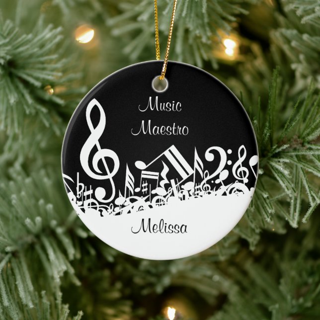 Personalised White Jumbled Musical Notes on Black Ceramic Tree Decoration (Tree)