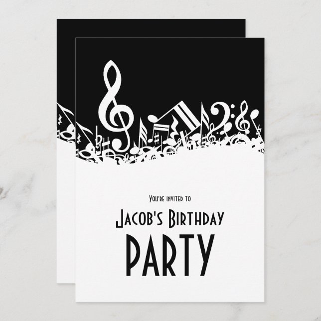 Personalised White Jumbled Musical Notes on Black Invitation (Front/Back)