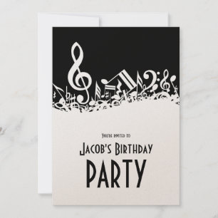 Personalised White Jumbled Musical Notes on Black Invitation