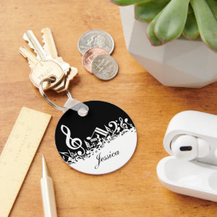 Personalised White Jumbled Musical Notes on Black Key Ring