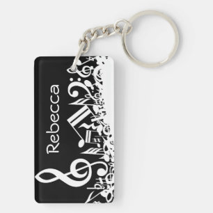 Personalised White Jumbled Musical Notes on Black Key Ring