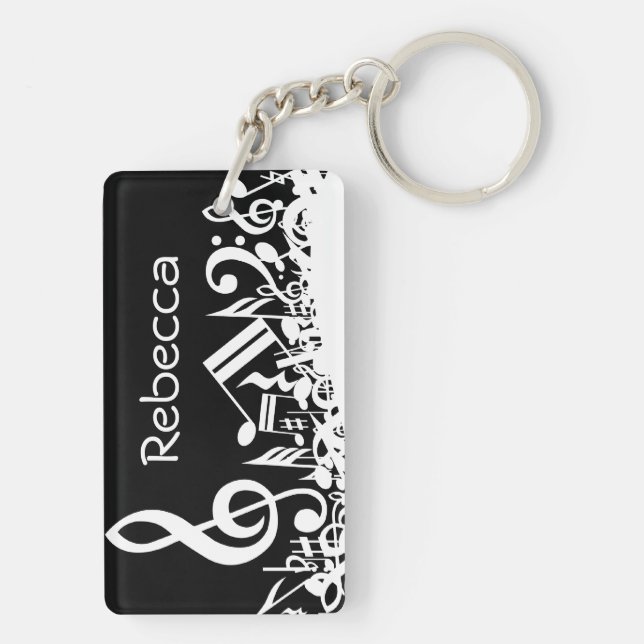 Personalised White Jumbled Musical Notes on Black Key Ring (Back)