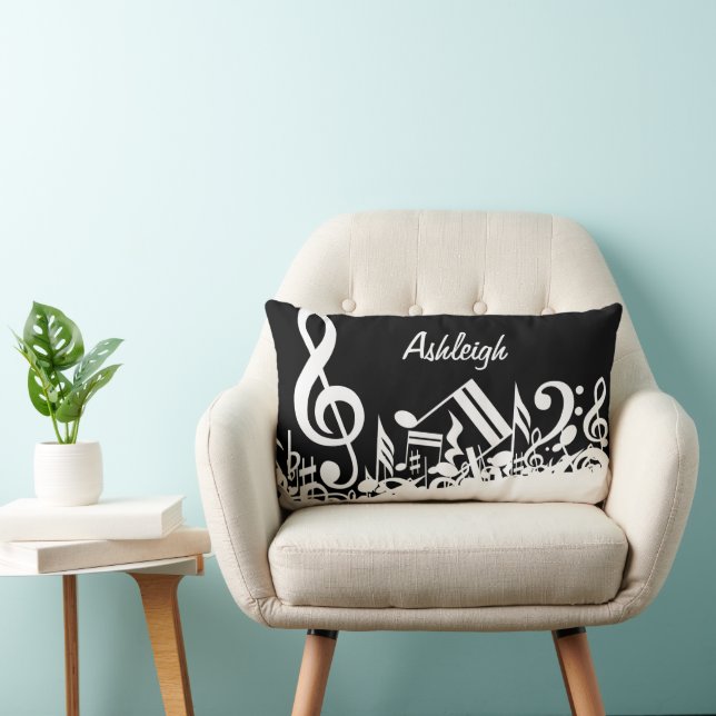 Personalised White Jumbled Musical Notes on Black Lumbar Cushion (Chair)