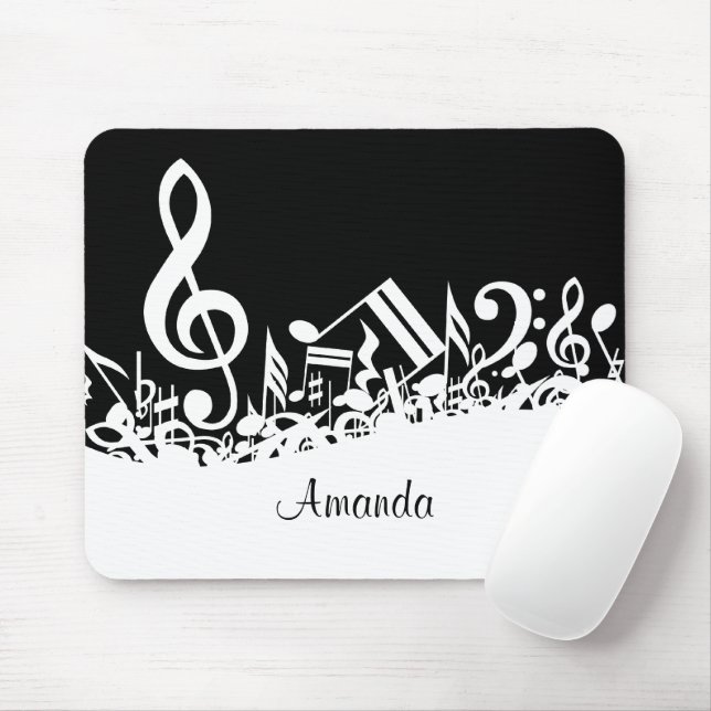 Personalised White Jumbled Musical Notes on Black Mouse Pad (With Mouse)