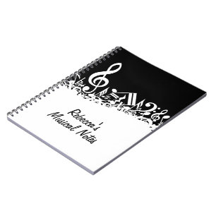 Personalised White Jumbled Musical Notes on Black Notebook