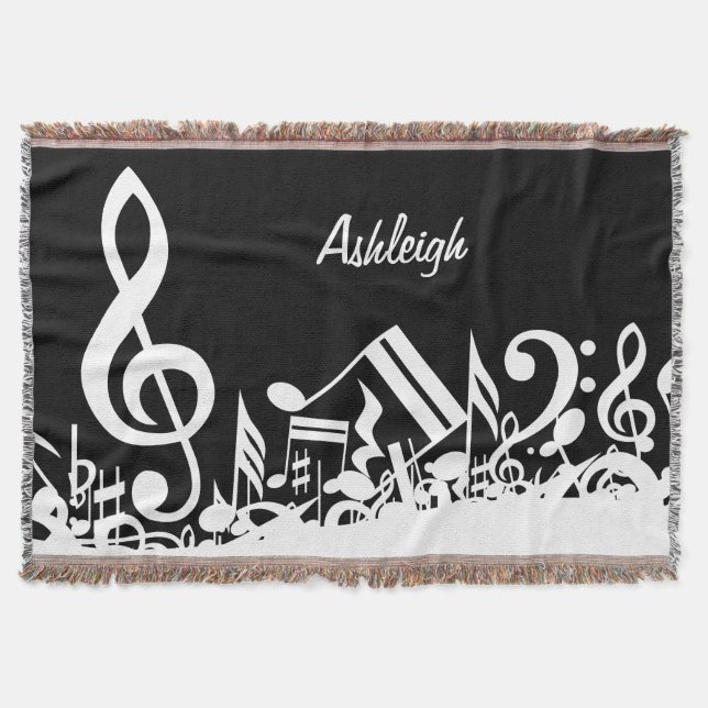 Personalised White Jumbled Musical Notes on Black Throw Blanket (Front)