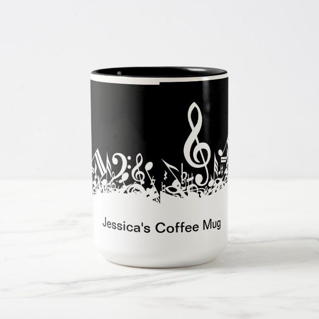Personalised White Jumbled Musical Notes on Black Two-Tone Coffee Mug (Center)
