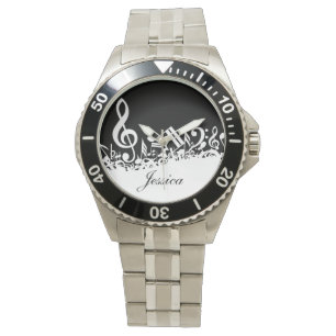 Personalised White Jumbled Musical Notes on Black Watch