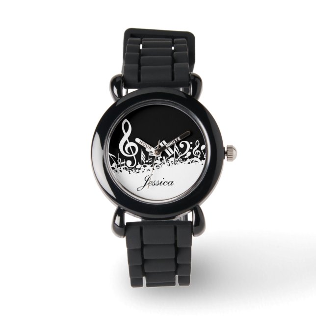 Personalised White Jumbled Musical Notes on Black Watch (Front)
