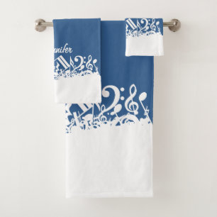 Personalised White Jumbled Musical Notes on Blue Bath Towel Set