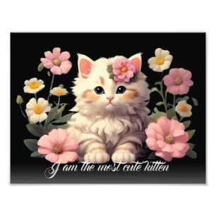 Personalised White Kitten Cute Cat in Flower Black Photo Print