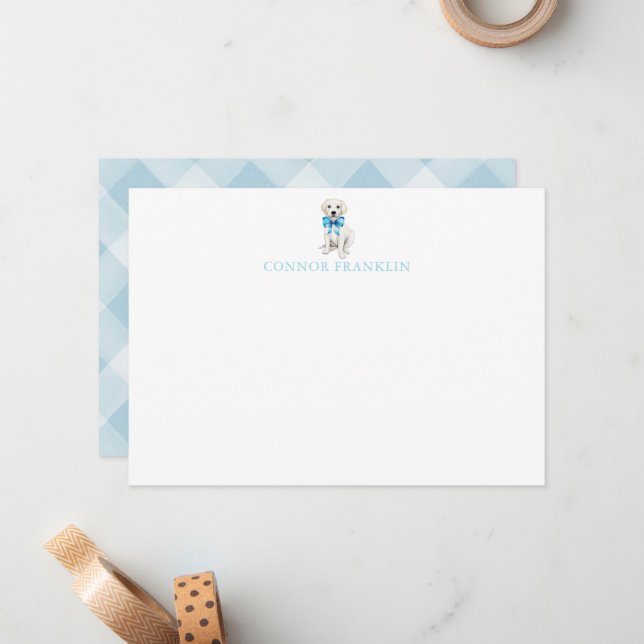 Personalised White Lab Gingham Baby Boy Stationery Card (Front/Back In Situ)