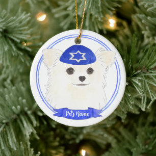Personalised White Long Haired Chihuahua Hanukkah Ceramic Ornament