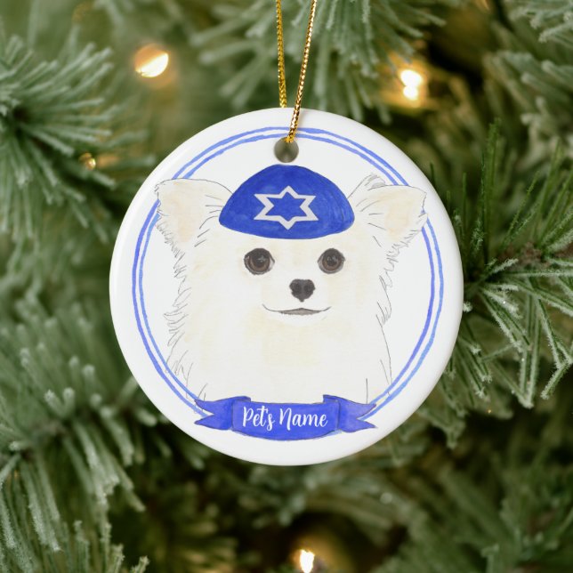 Personalised White Long Haired Chihuahua Hanukkah Ceramic Ornament (Tree)