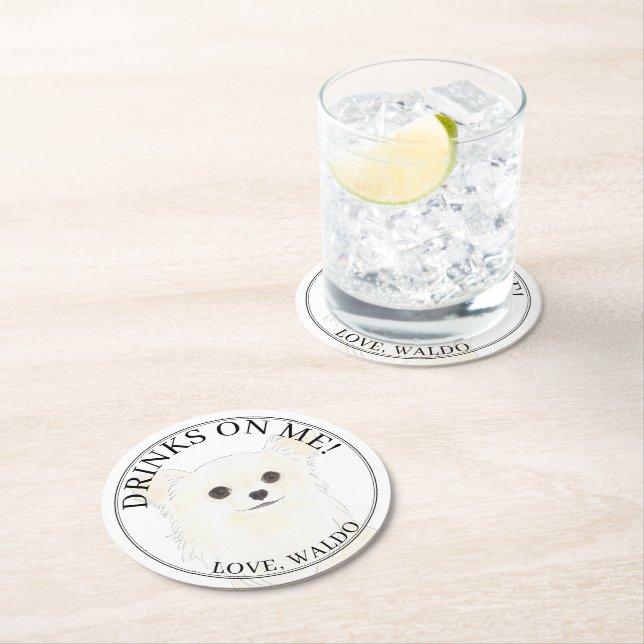 Personalised White Long Haired Chihuahua Wedding Round Paper Coaster (Insitu)