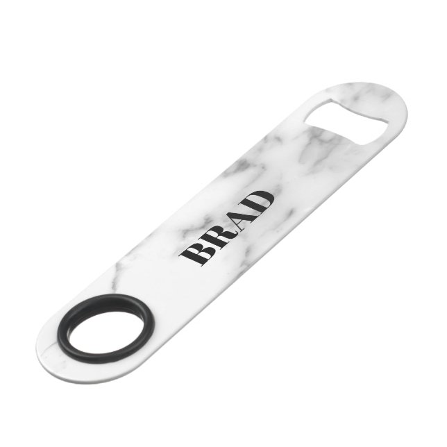 Personalised white marble Pro Speed bottle opener (Front Angled)