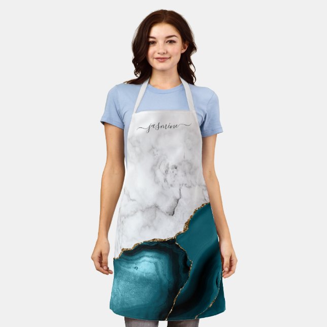Personalised White Marble Teal Blue Gold Agate Apron (Worn)