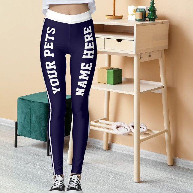 Personalised White Navy Blue Stripes Pet Names Leggings (Creator Uploaded)