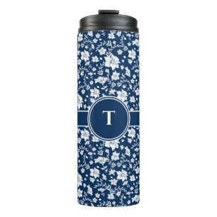 Personalised White Navy Floral Decorative Tumbler