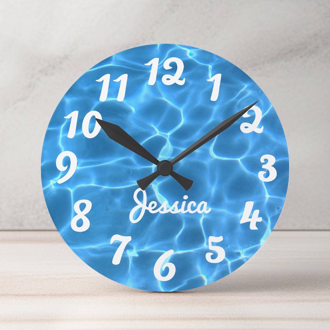 Personalised White Number Aqua Blue Swimming Pool Round Clock (Personalized White Number Aqua Blue Swimming Pool Round Clock)