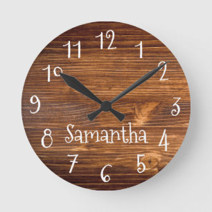 Personalised White Numbers Brown Wood Photo Round Clock