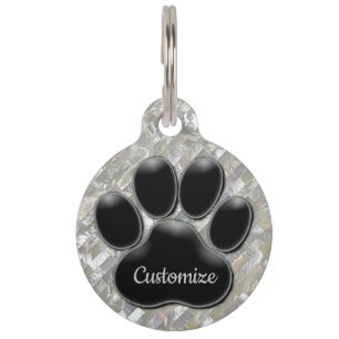 Personalised White Pearl Black Paw Print Pet Tag