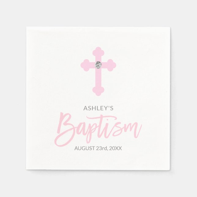 Personalised White Pink GIRL Cross BAPTISM Napkin (Front)