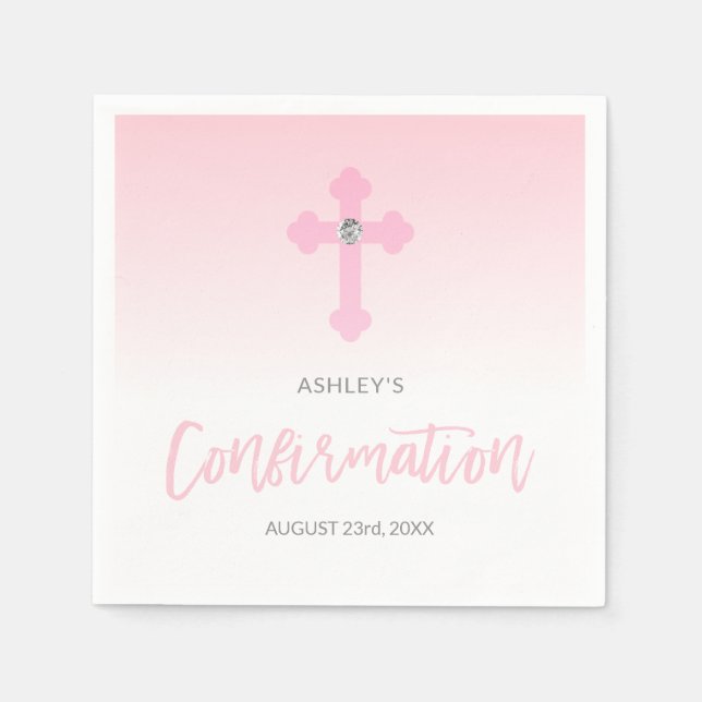 Personalised White Pink GIRL Cross CONFIRMATION Napkin (Front)
