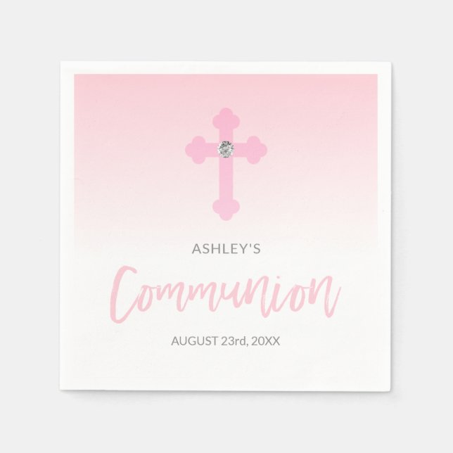 Personalised White Pink GIRL Cross Holy COMMUNION Napkin (Front)