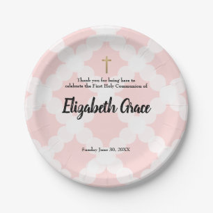 Personalised White Pink Gold Cross First Communion Paper Plate
