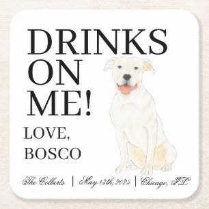 Personalised White Pitbull Staffy Dog Wedding Square Paper Coaster