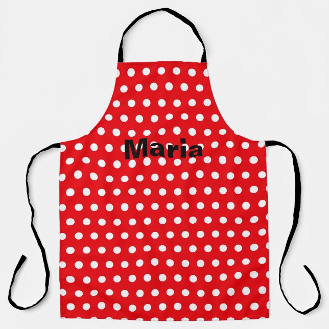 Personalised White Polka Dot Red Background Apron (Front)